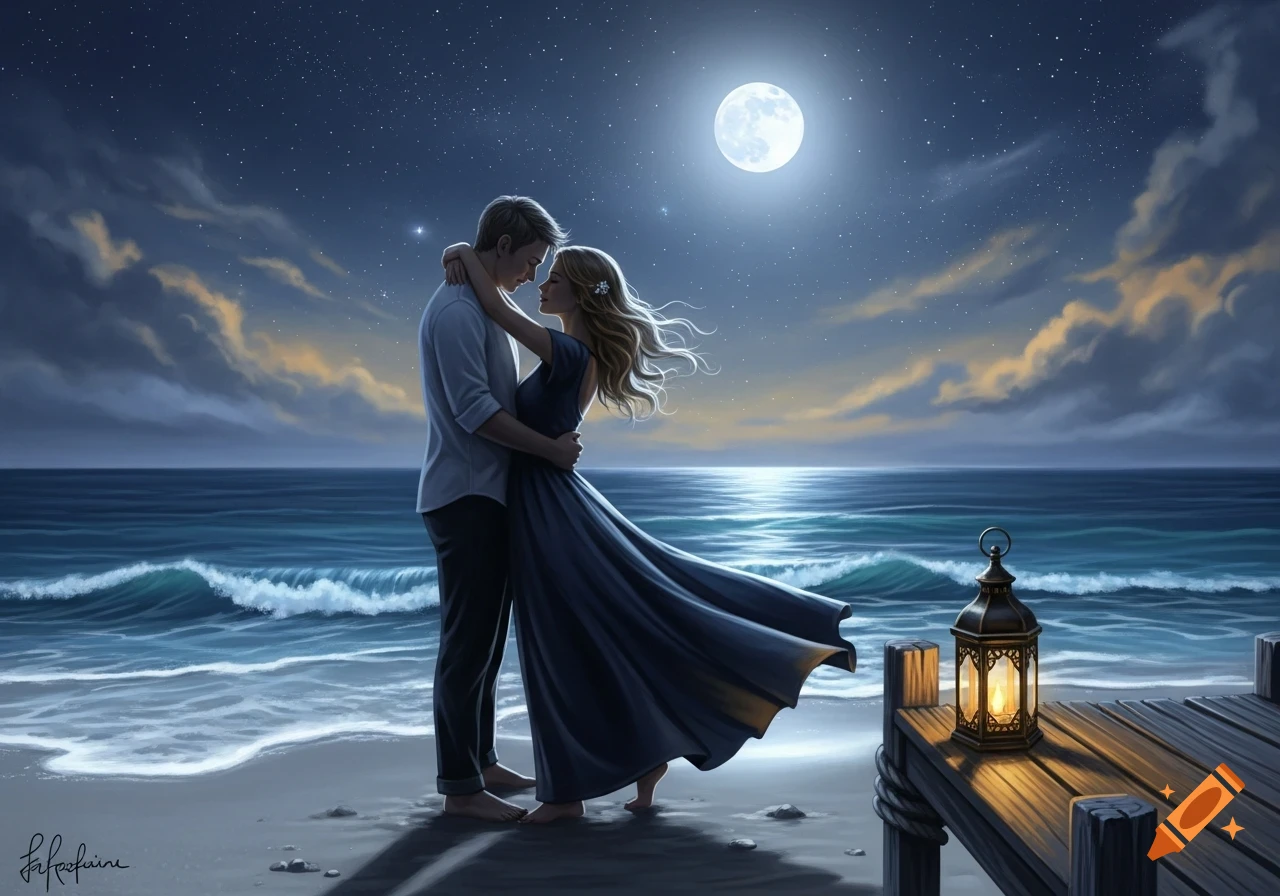 A couple embraces on a moonlit beach, with waves crashing gently and a lit lantern on a wooden dock.
