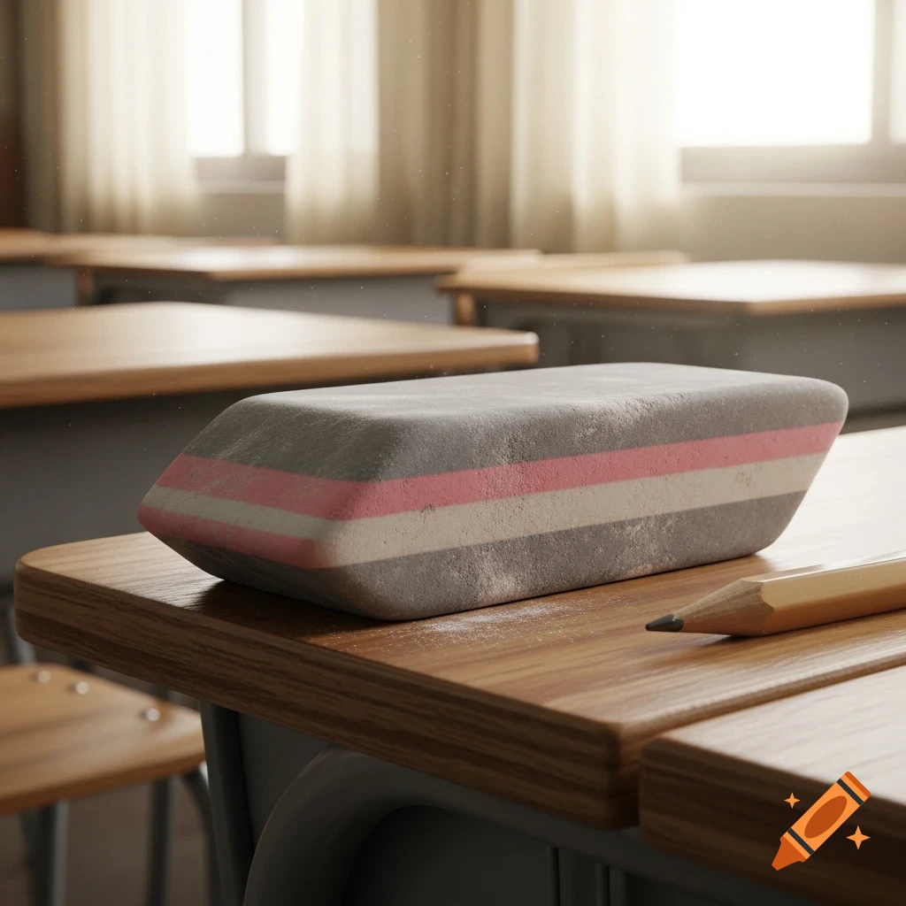 A photorealistic close-up of a gray, pink, and white striped eraser on a wooden classroom desk next to a pencil, with blurred desks and windows in the background.