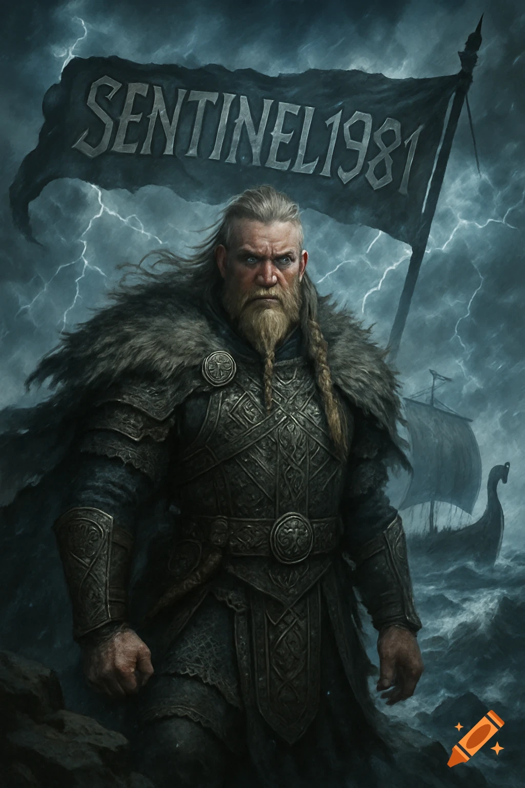 A stern Viking warrior in ornate armor and fur cloak stands defiantly, holding a flag with "SENTINEL1981", stormy sky, longship on rough seas, digital painting.