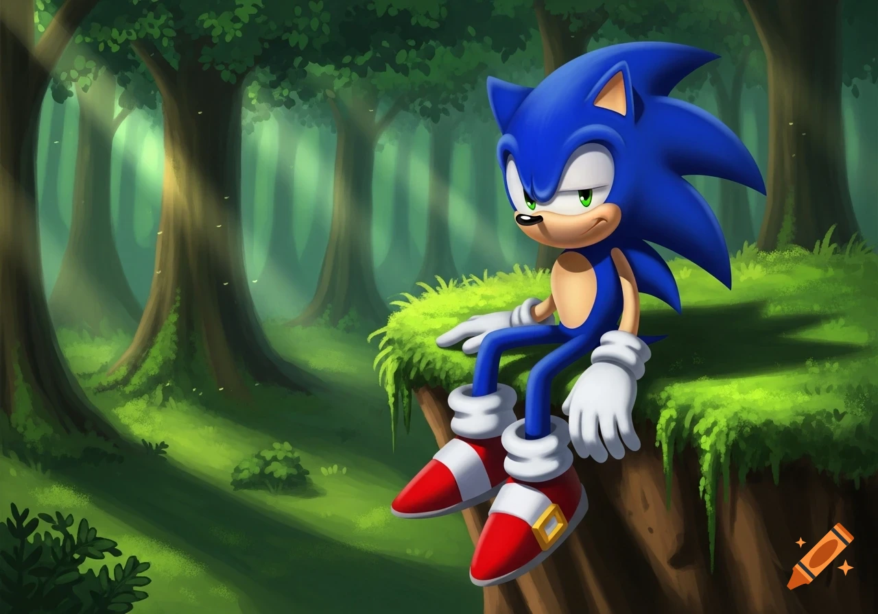 Cartoon illustration of Sonic the Hedgehog sitting on a grassy cliff edge in a sunlit forest, looking bored.