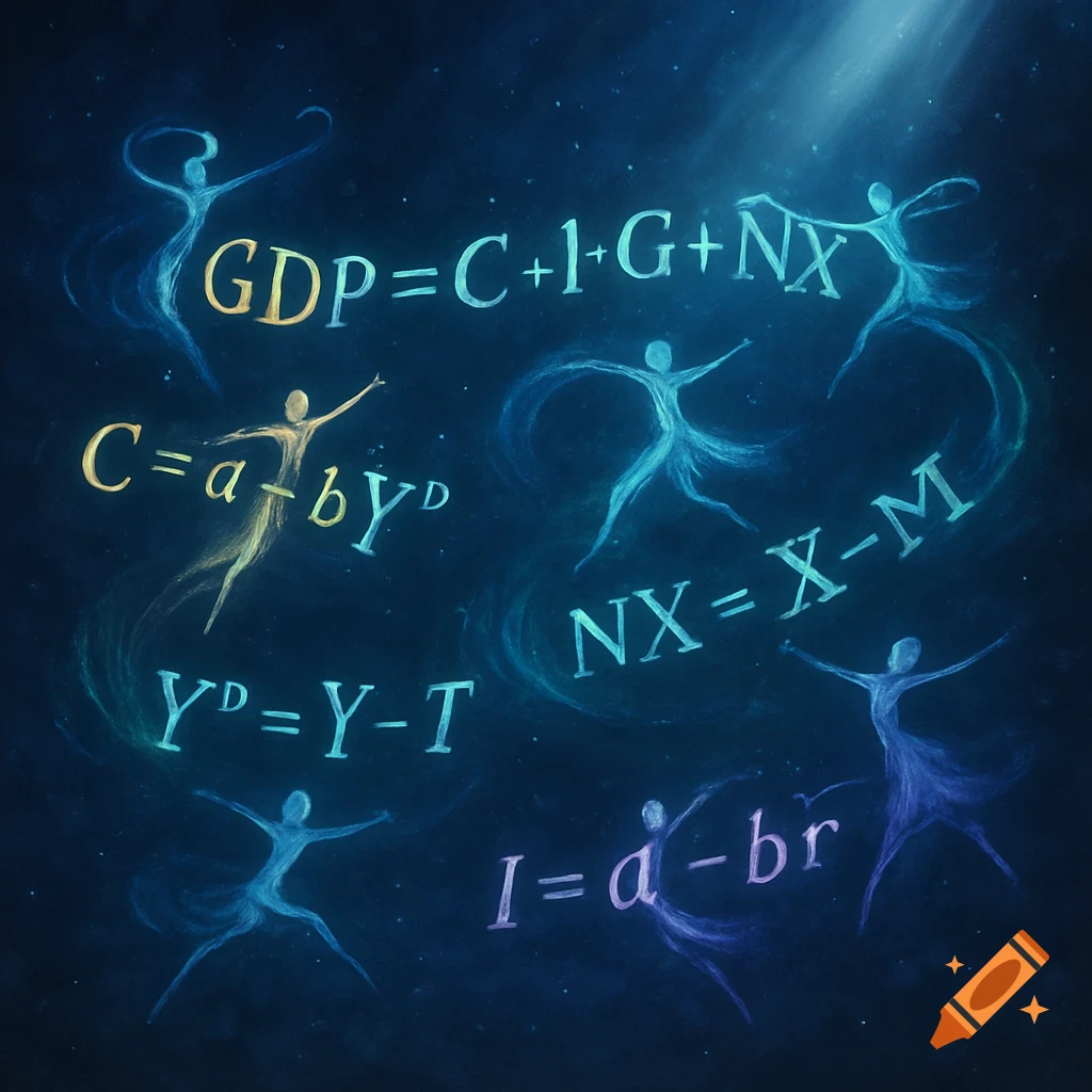 Glowing abstract figures resembling dancers surrounded by economic formulas like GDP=C+I+G+NX on a dark, starry background.