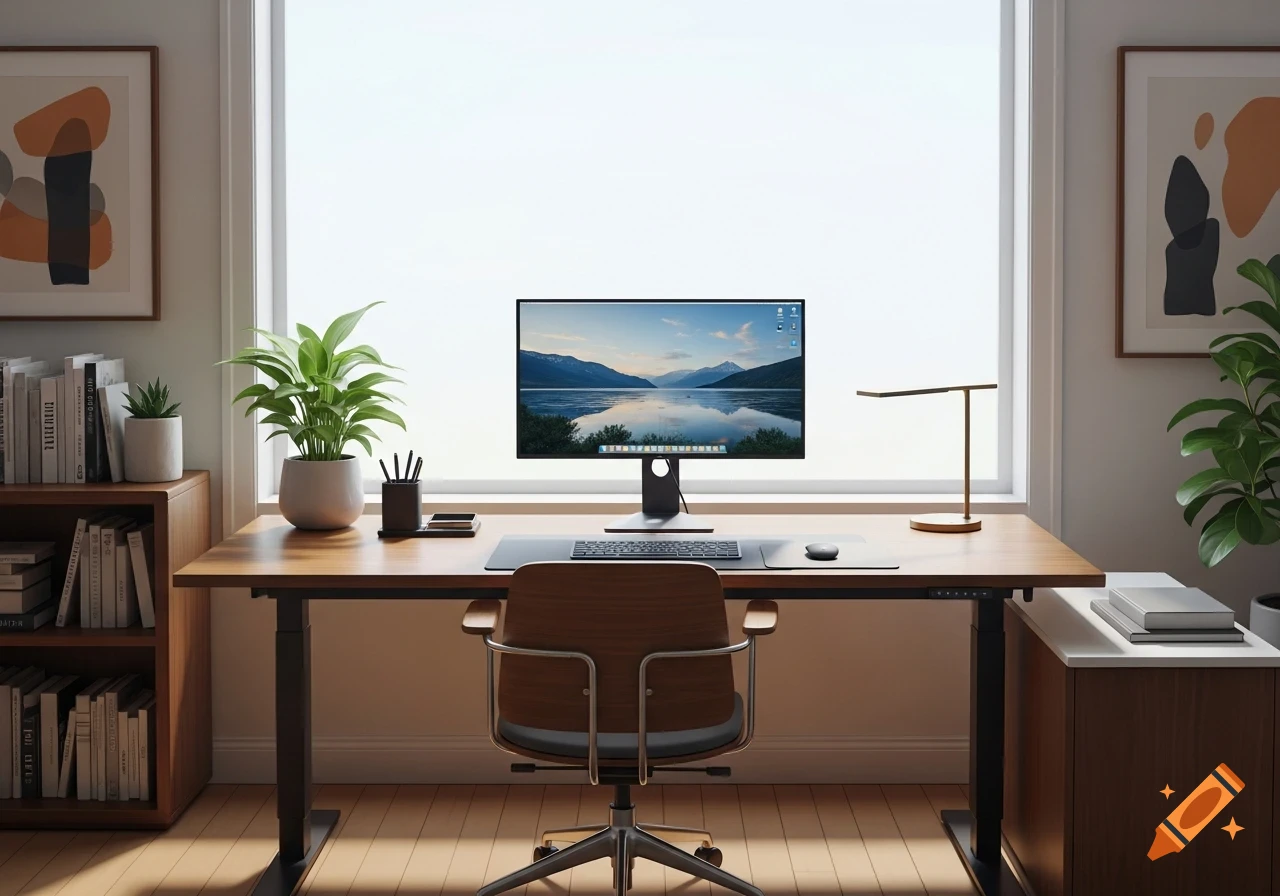 A neat home office desk with a computer monitor showing a lake and mountains, green plants, a lamp, and a bookshelf next to a large window.