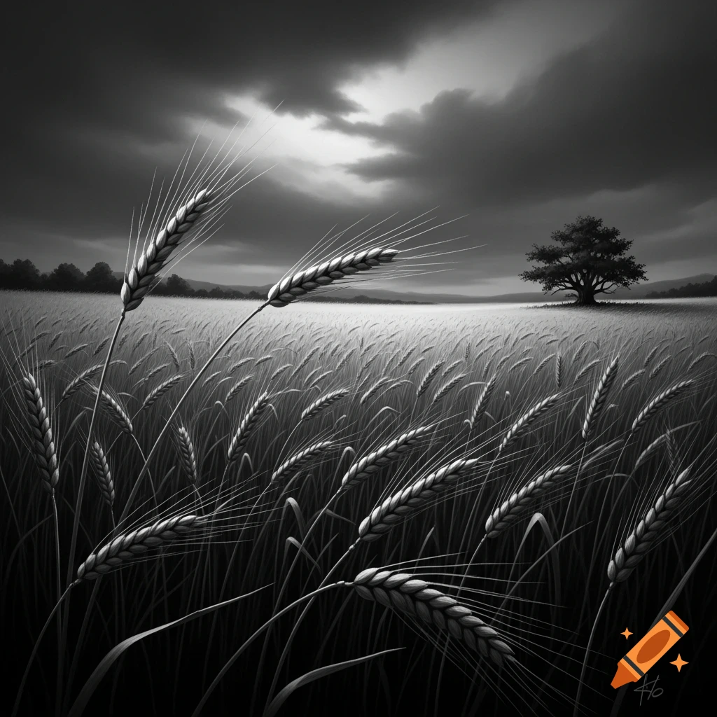 A dramatic black and white image of a wheat field under a stormy sky, with a solitary tree in the distance.