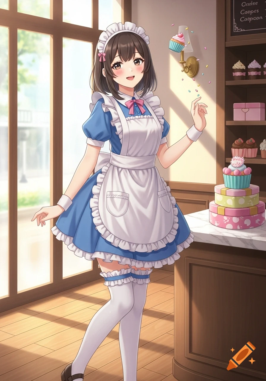 An anime girl in a blue and white maid outfit stands in a bright bakery, holding a cupcake with sprinkles.