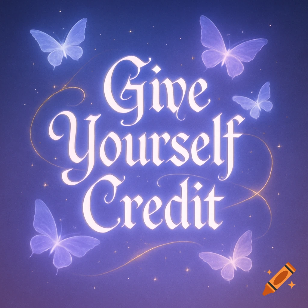 Glowing text 'Give Yourself Credit' surrounded by ethereal butterflies on a starry purple background.