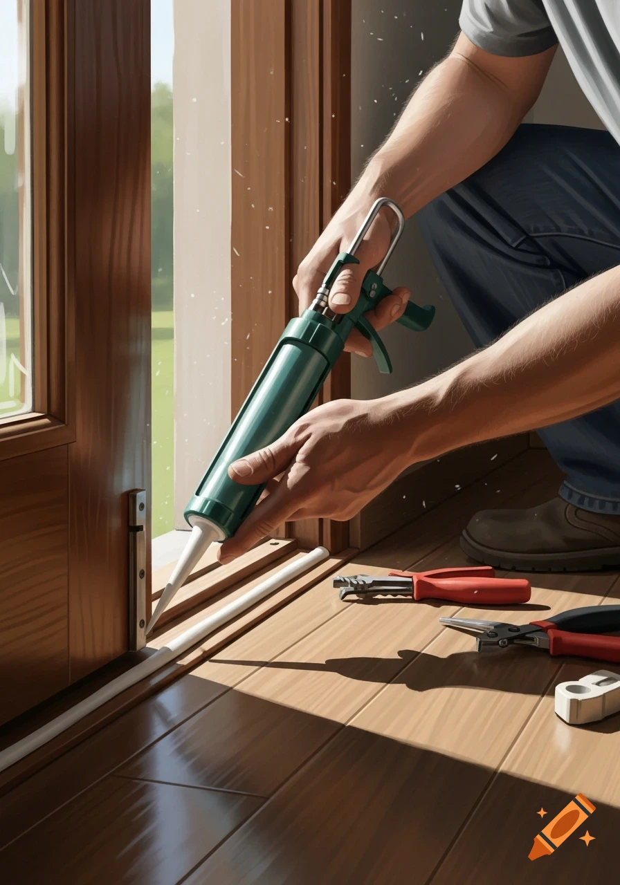 A person applies caulk to the bottom edge of a wooden door frame with a caulking gun, next to tools on a hardwood floor.