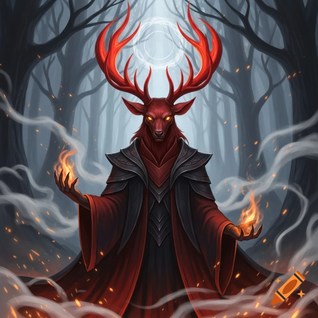 A mystical deer-headed creature with fiery red antlers and glowing eyes, robed in black, holds flames in a dark, smoky forest.
