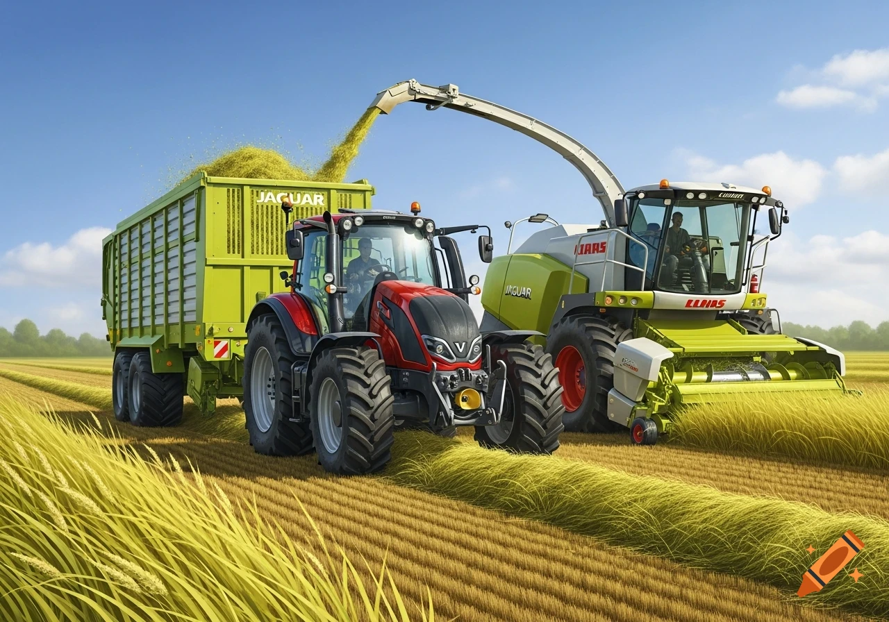A red tractor pulls a green forage wagon while a green and white combine harvester processes crops in a golden field under a blue sky.