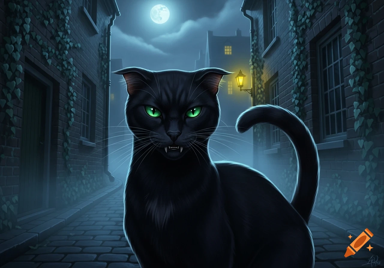 A menacing black cat with glowing green eyes and fangs stands in a dark ...