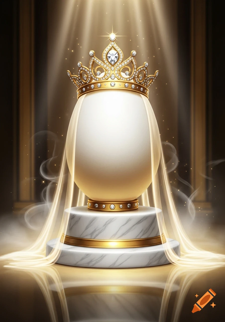 A golden crown adorned with diamonds rests on a large white egg, displayed on a marble pedestal under radiant golden spotlights.