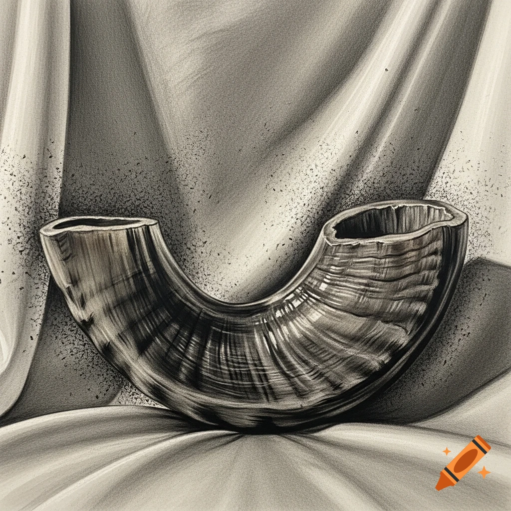 Charcoal drawing of a curved shofar, a ram's horn, resting on draped fabric with a spotlight effect.