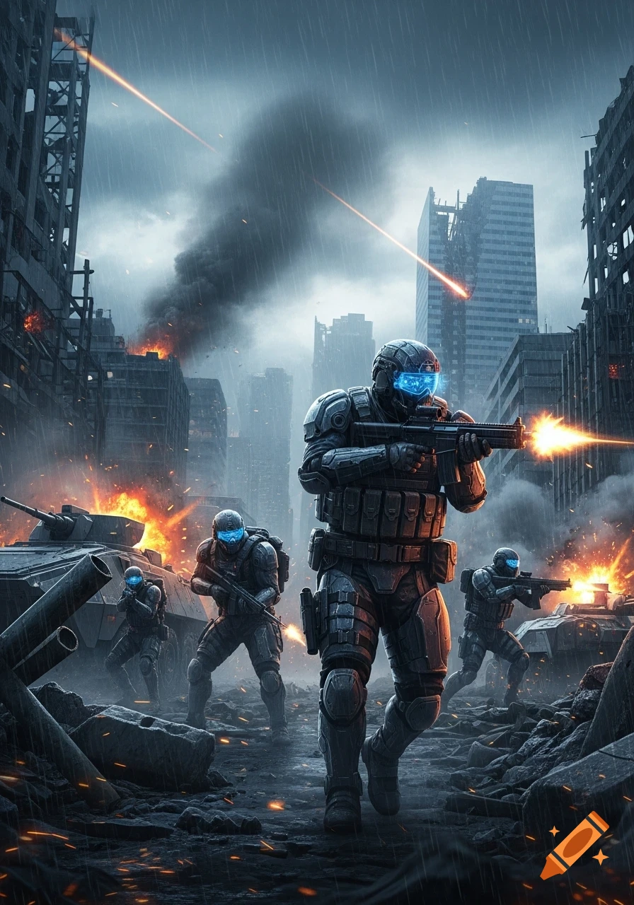Armored futuristic soldiers battle in a destroyed, rainy city with ...