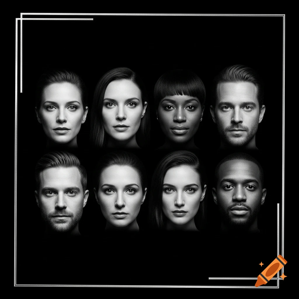 Eight monochrome close-up portraits of diverse men and women's faces, arranged symmetrically with a silver-chrome border.