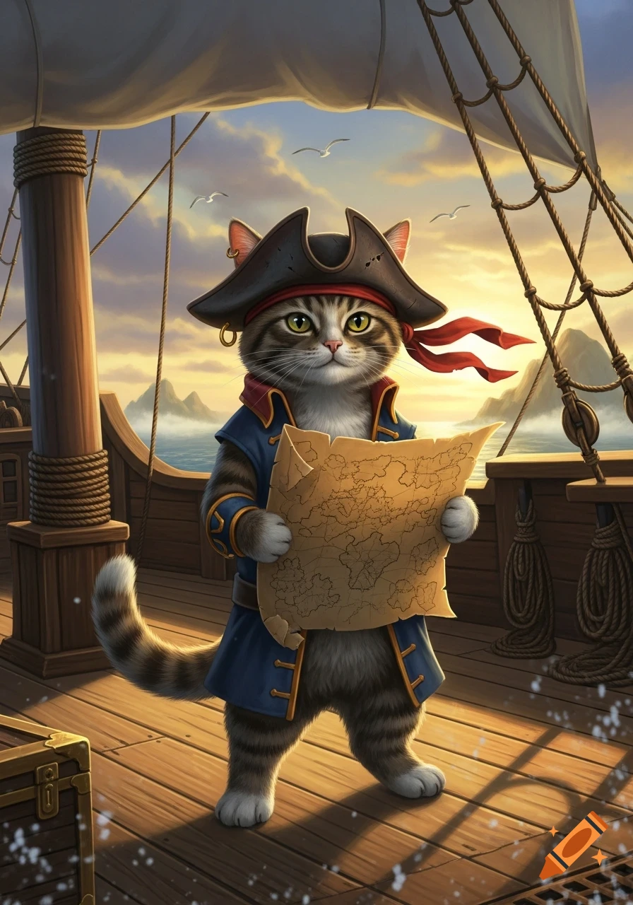 A cute tabby pirate cat stands on a ship deck at sunset, holding a treasure map.