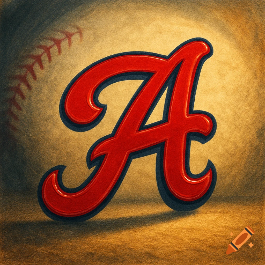 A red, stylized capital letter 'A' with a blue outline, set against a textured baseball-themed background with faint stitches.