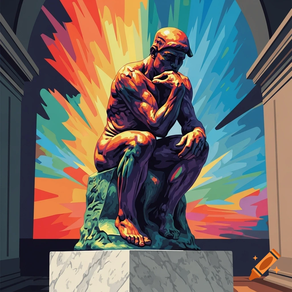 A colorful, stylized illustration of Rodin's The Thinker statue, with a vibrant, abstract background.