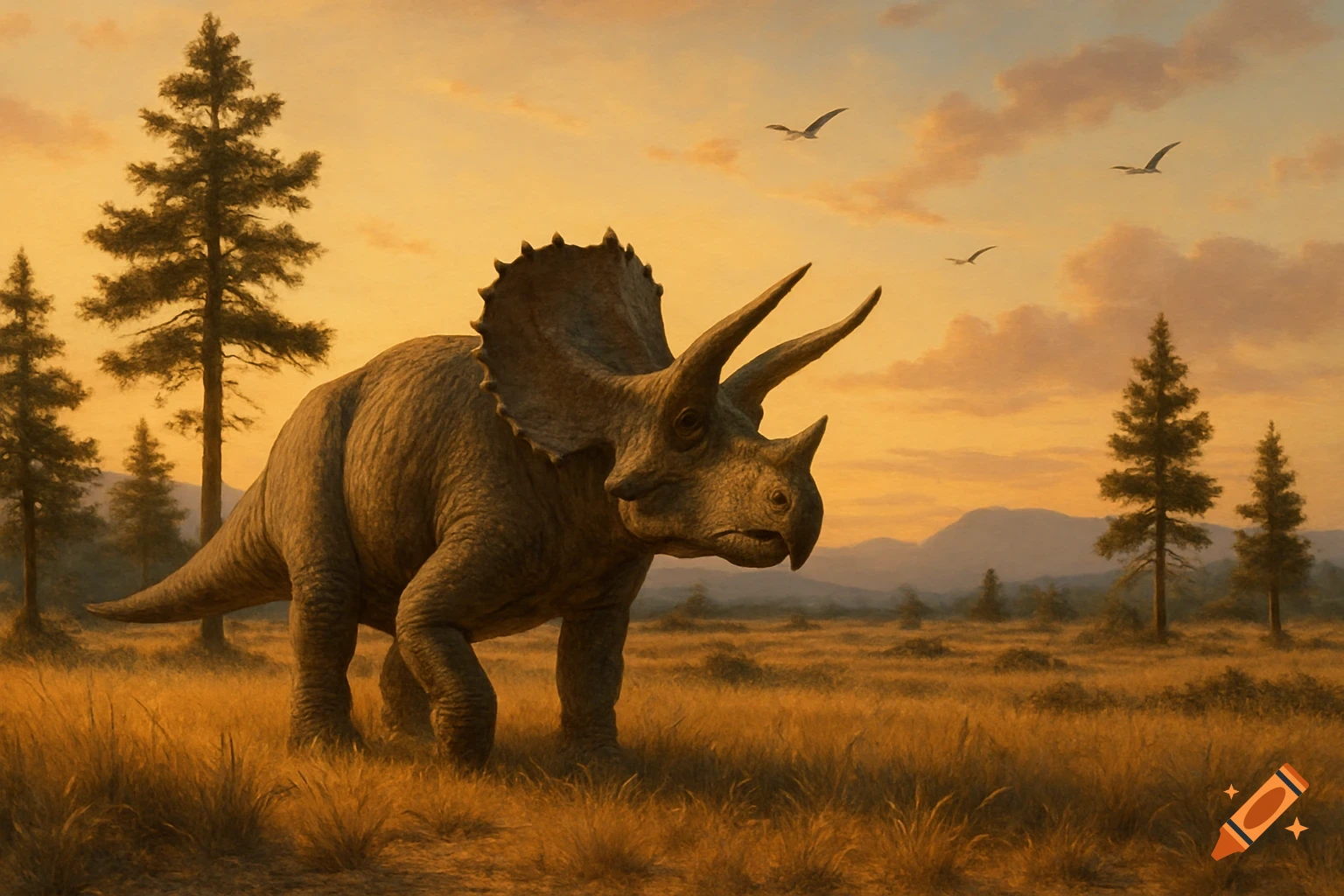 A triceratops walks through a grassy savanna at sunset, with pine trees, mountains, and birds flying in an orange sky.