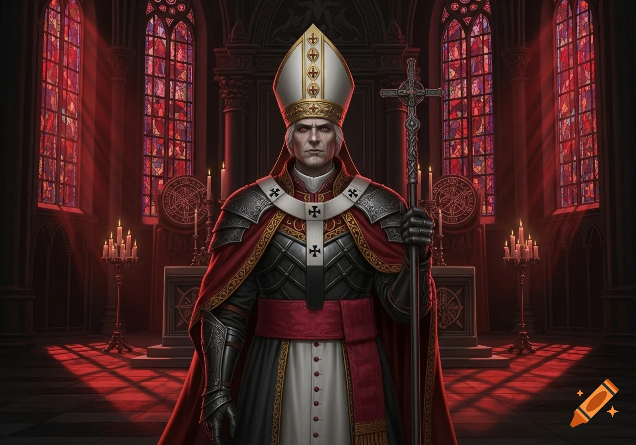 A stern, armored pope with red eyes holds a staff in a dark, red-lit gothic church with stained glass windows.