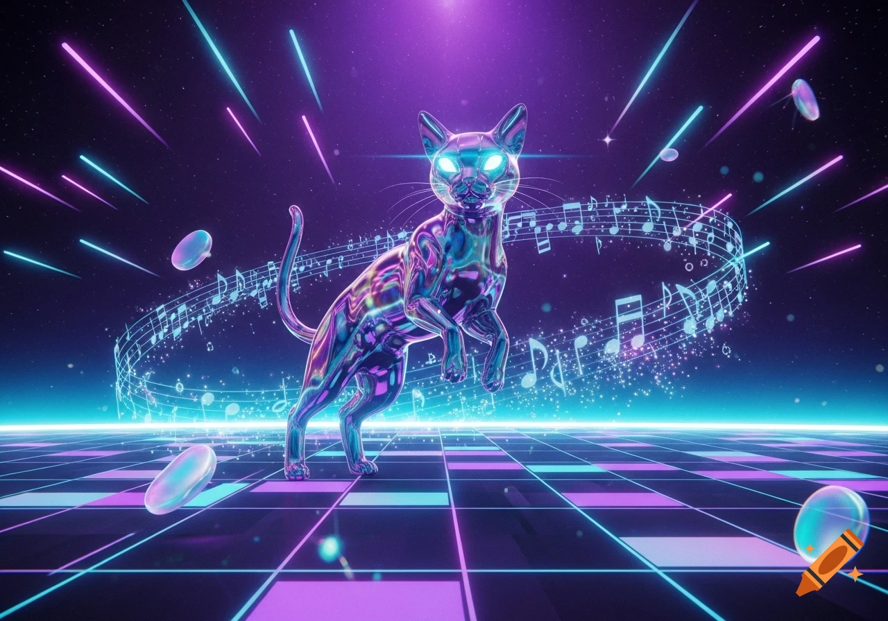 A metallic cat with glowing eyes stands on a neon grid floor, surrounded by musical notes and light streaks in a vibrant synthwave style.