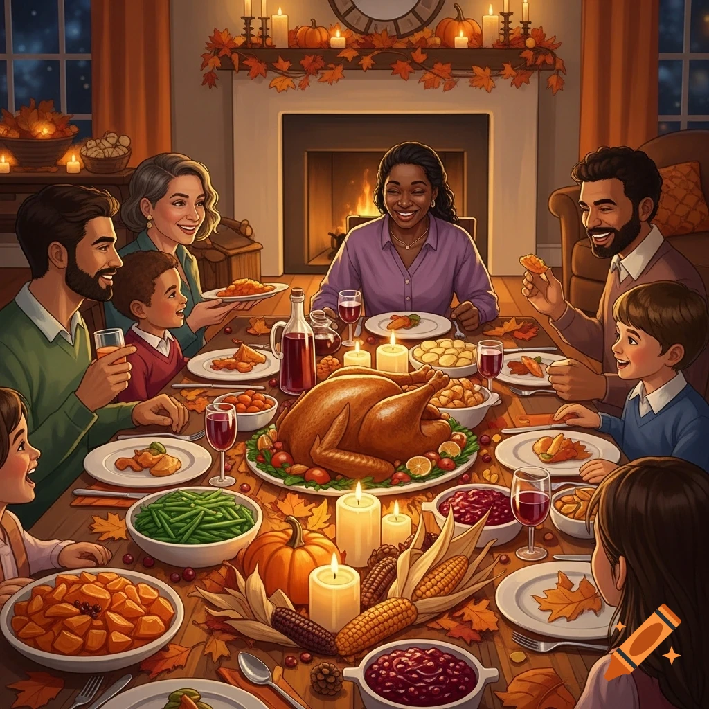A diverse family gathers around a candlelit table, enjoying a Thanksgiving dinner with a roasted turkey and autumn decorations.