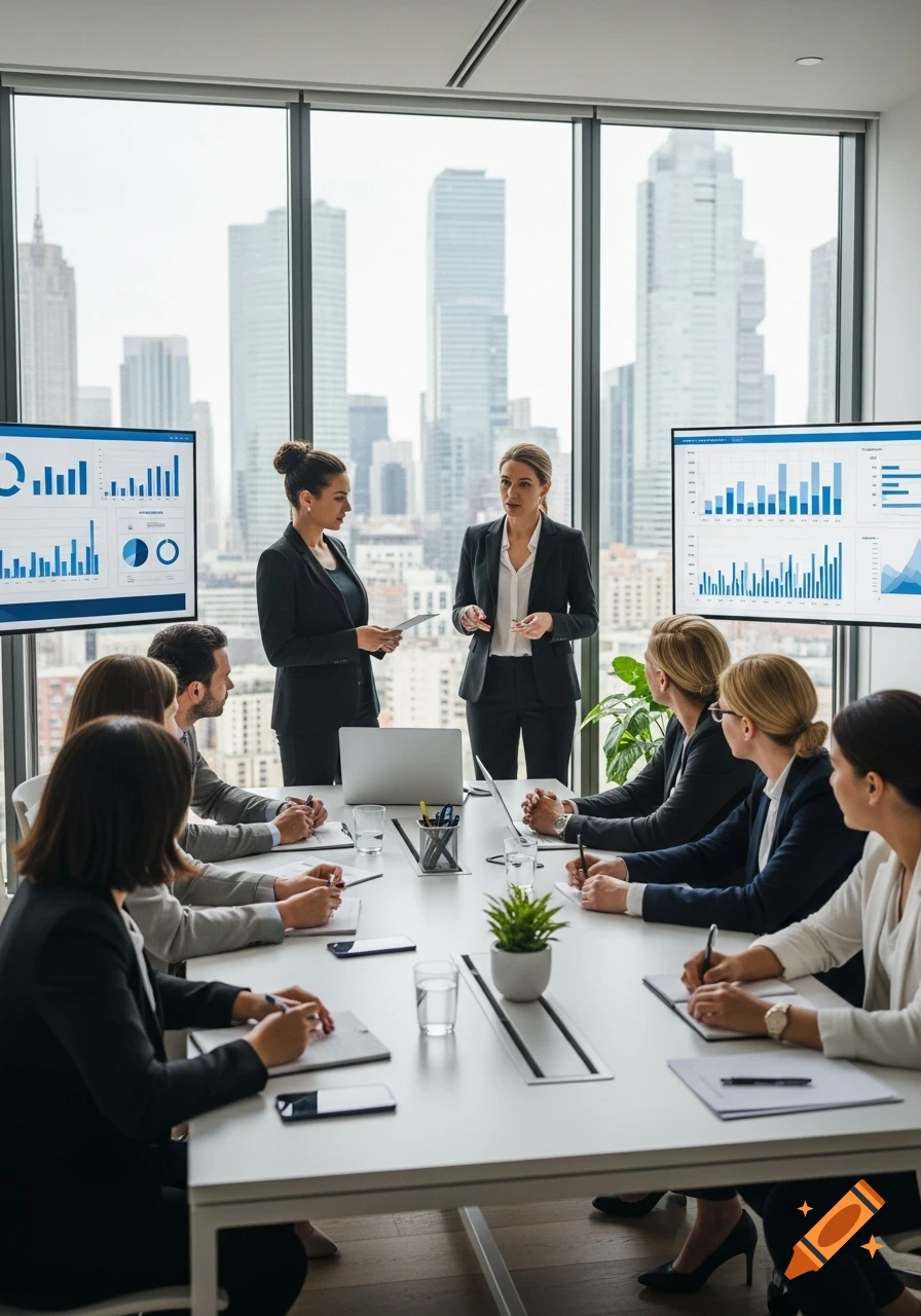 A diverse group of business professionals in a modern office meeting room with large windows overlooking a city skyline. Two women stand presenting data on screens.