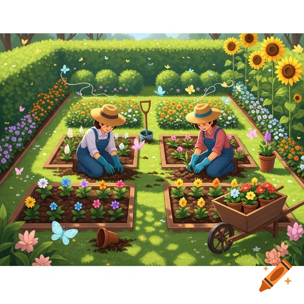 Two cartoon people in straw hats and overalls garden in a vibrant flower patch filled with colorful blooms, sunflowers, and butterflies.