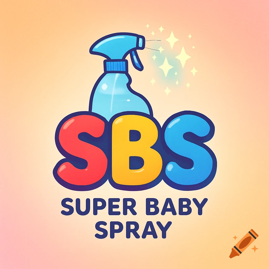 Cartoon logo for SBS Super Baby Spray, featuring a blue spray bottle and colorful 'SBS' text.