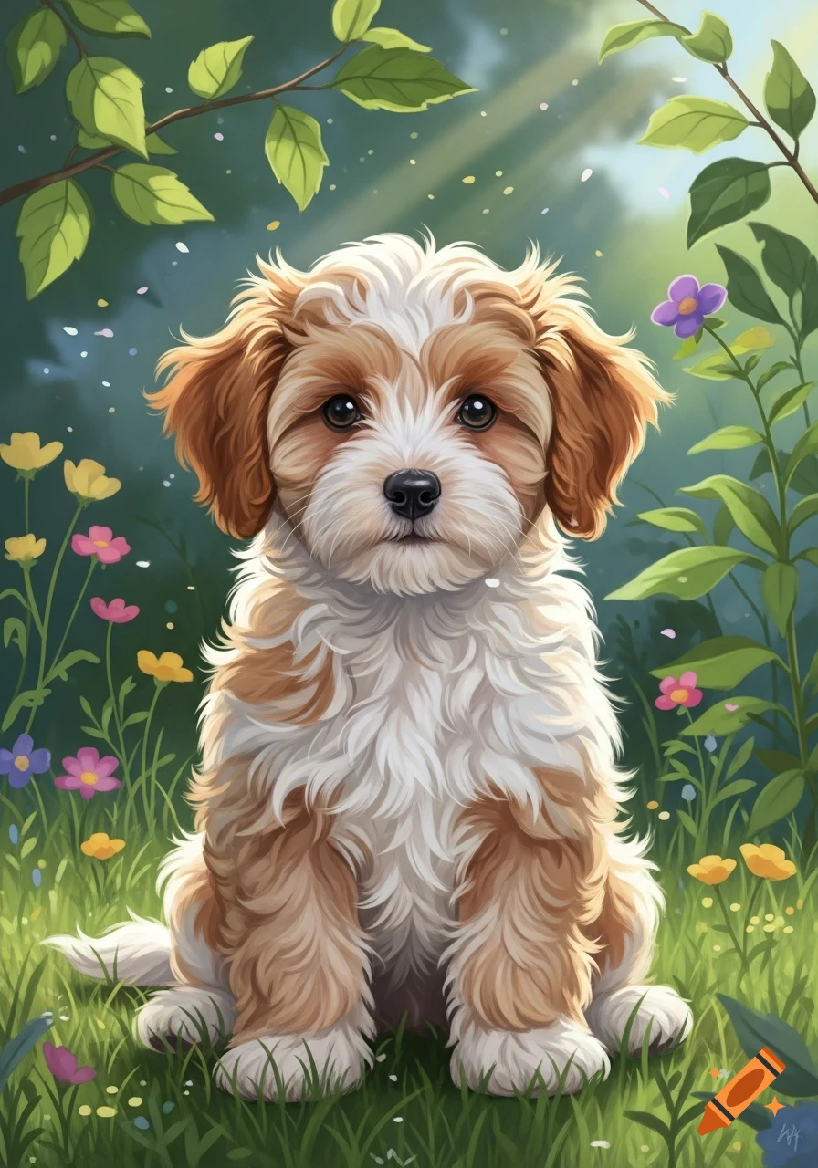 A cute Maltipoo puppy with white and brown fur sits among colorful wildflowers and green leaves in a digital art style.