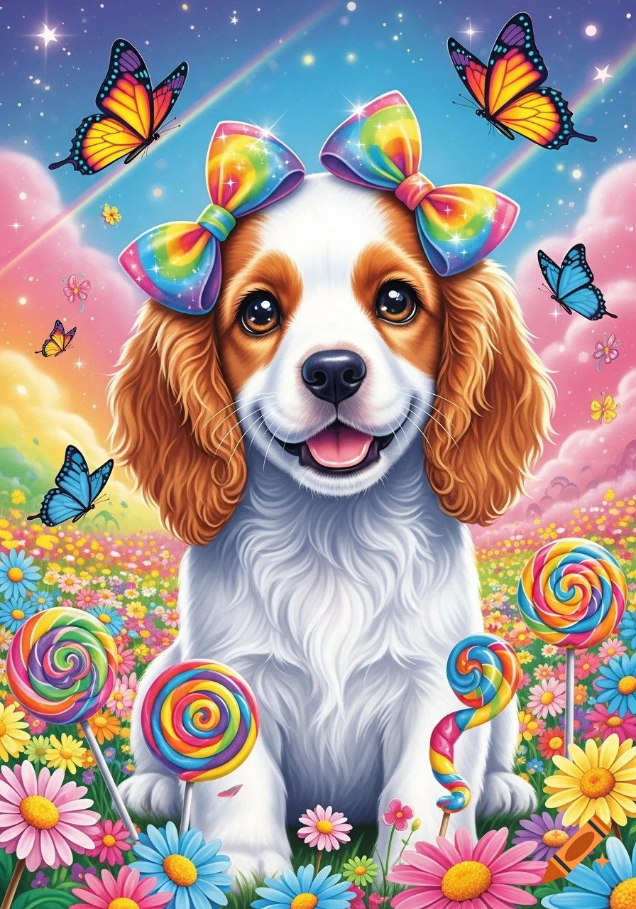 Vibrant Lisa Frank style spaniel puppy with rainbow bows among colorful flowers, butterflies, and lollipops.