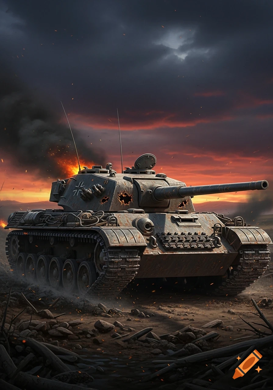A damaged military tank with bullet holes, smoking and burning, against a dramatic fiery sunset sky.