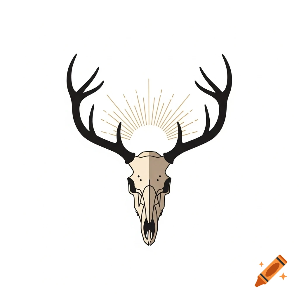 Minimalist vector illustration of a front-facing stag skull with radiant antlers, black and beige on white.