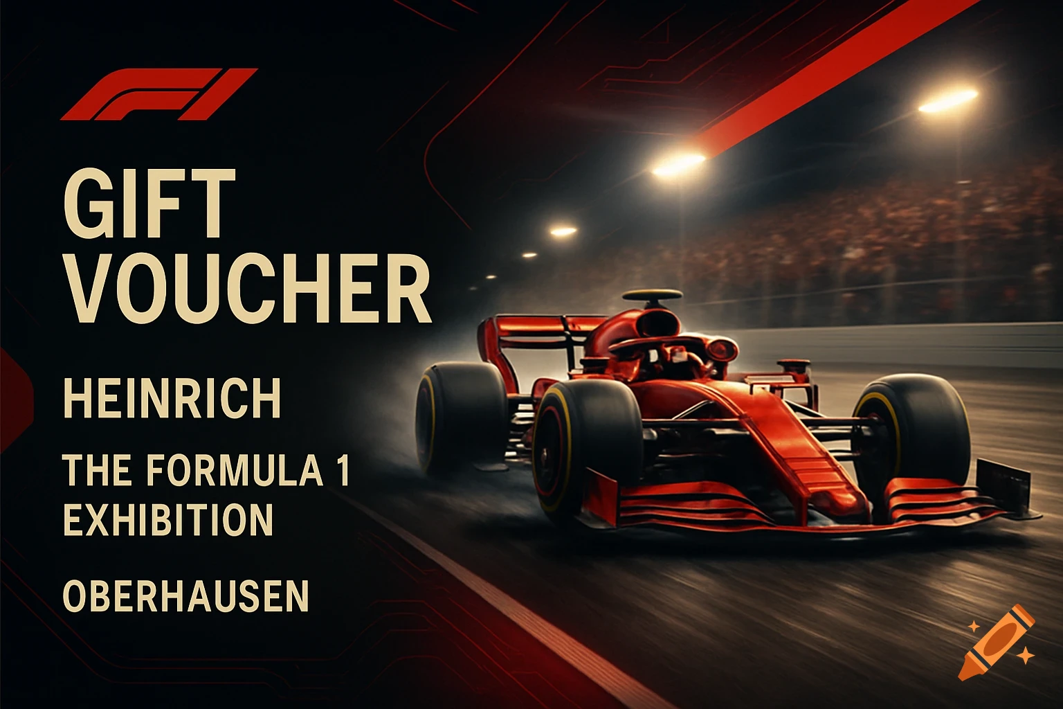 A red Formula 1 race car on a track with a dark grandstand background, featuring text 'GIFT VOUCHER HEINRICH THE FORMULA 1 EXHIBITION OBERHAUSEN' and an F1 logo.
