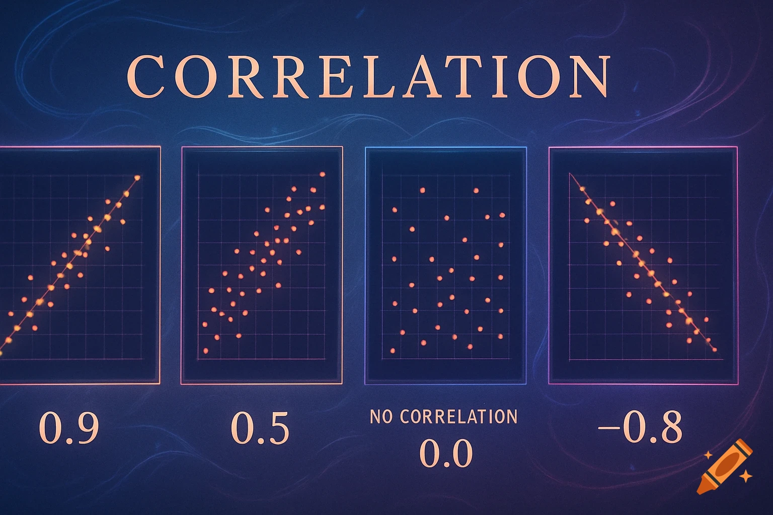 Four scatterplots illustrating positive, weak positive, no, and negative correlation, labeled with values 0.9, 0.5, 0.0, and -0.8 respectively.