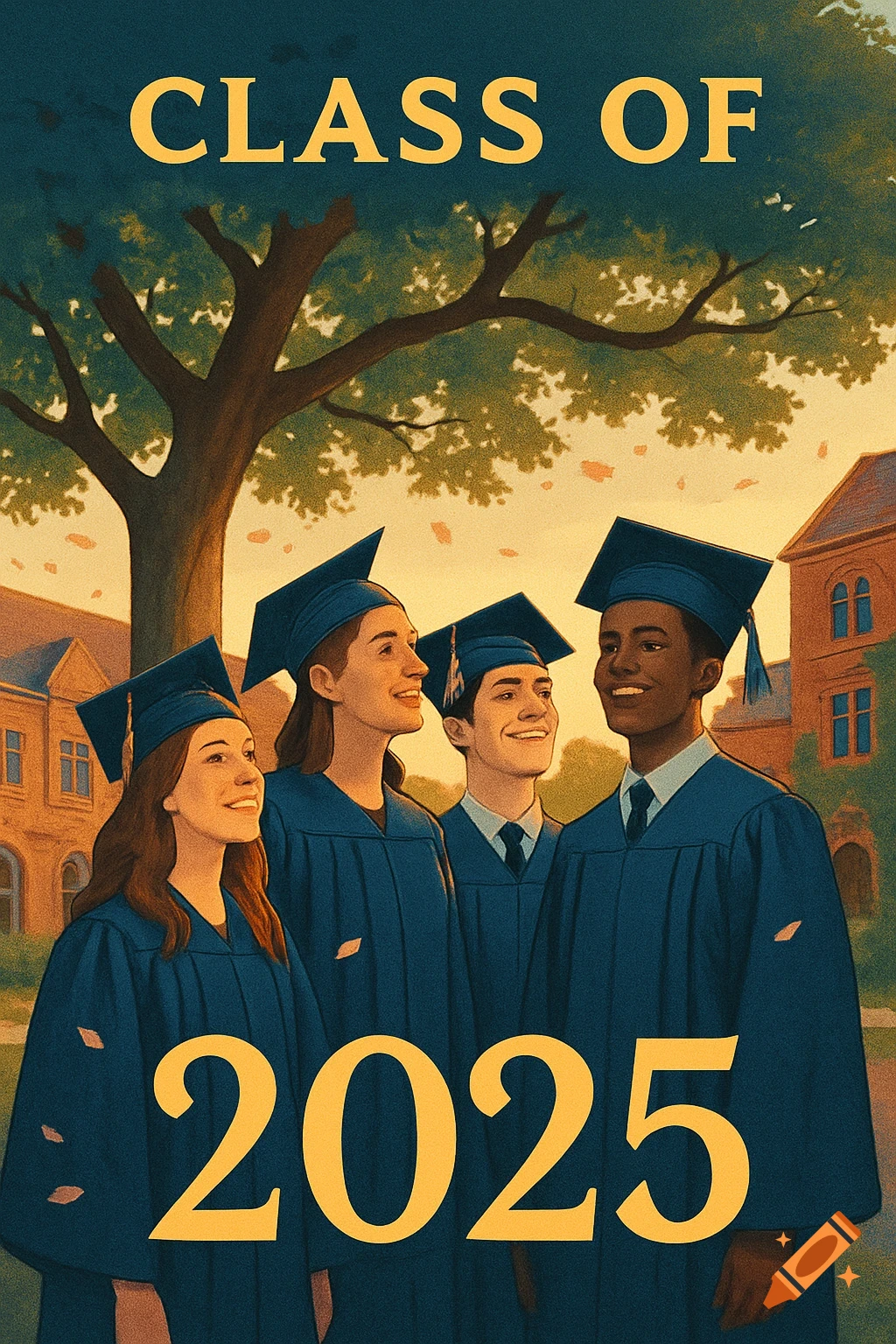 A diverse group of four smiling students in blue graduation caps and gowns pose outdoors in front of a college building and a tree. Text reads 'CLASS OF 2025'.