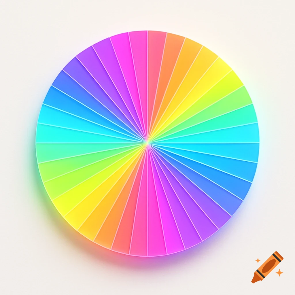 A vibrant rainbow color wheel divided into 36 equal radial segments, centered on a light background.