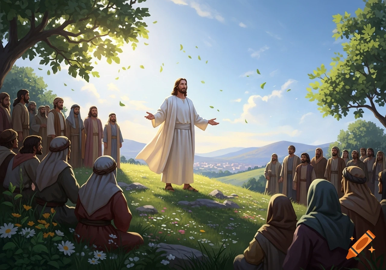 Jesus preaches to a crowd of disciples on a grassy hill, with a village in the background under a bright sky, in a stylized illustration.