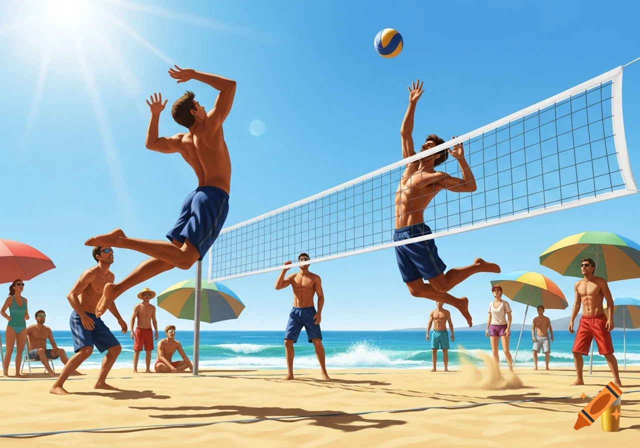 Stylized illustration of men playing beach volleyball on a sunny day, with others relaxing under umbrellas by the ocean.
