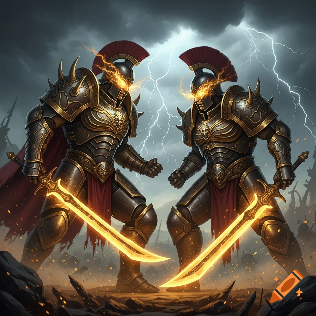 Two heavily armored fantasy warriors with glowing eyes and fiery swords stand on a battlefield under a stormy, lightning-filled sky.