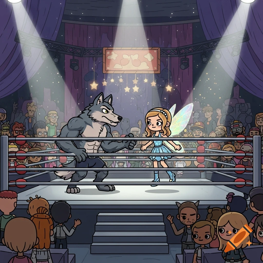 A cartoon wolf and a fairy girl stand in a wrestling ring, surrounded by a cheering crowd under spotlights.
