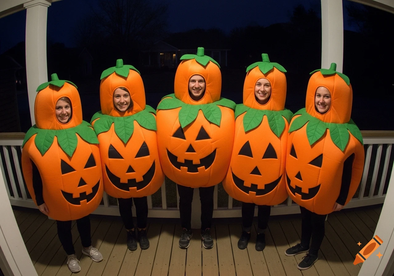 Five smiling people in full pumpkin costumes standing on a porch at night, photorealistic.