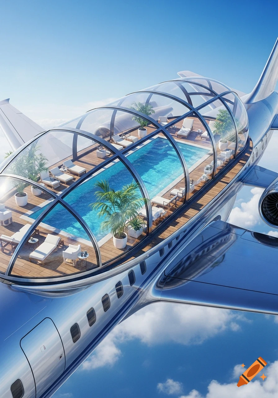 Photorealistic futuristic airplane with a glass-domed rooftop pool and lounge area, flying under a clear blue sky.