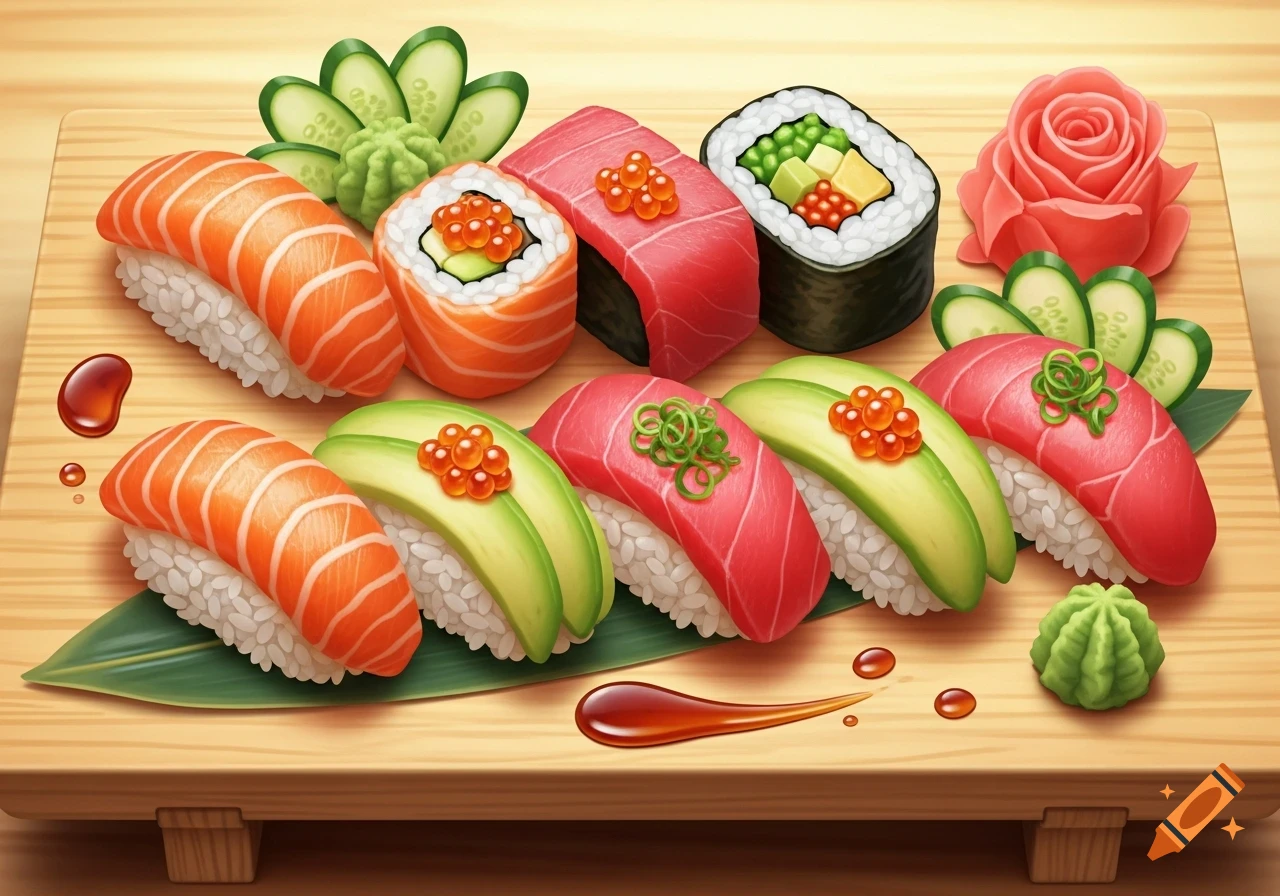 An assortment of colorful sushi and sashimi with salmon, tuna, avocado, and roe on a wooden board with wasabi and ginger.