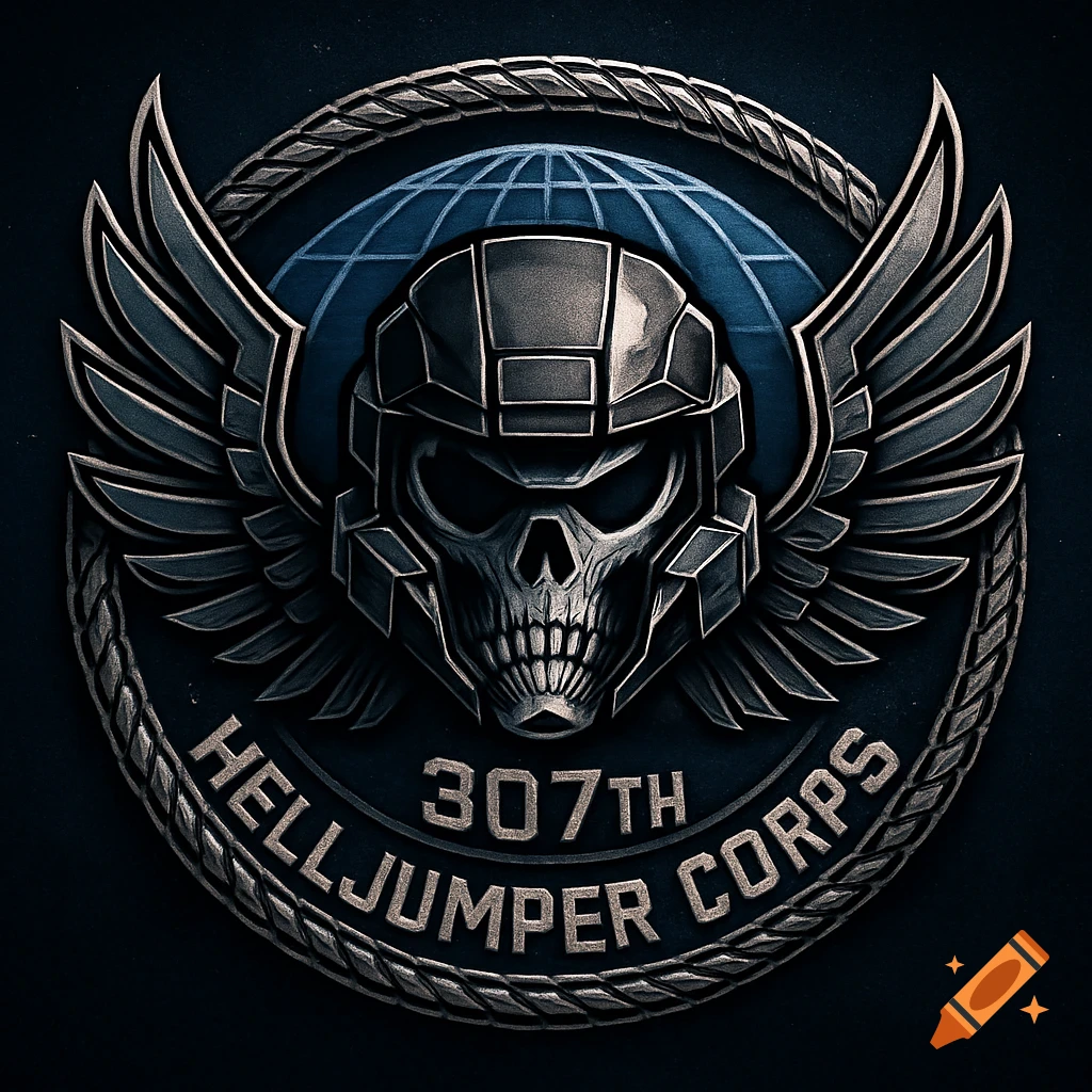 An emblem featuring a skull in a futuristic helmet with wings, a blue globe, and '307TH HELLJUMPER CORPS' text.