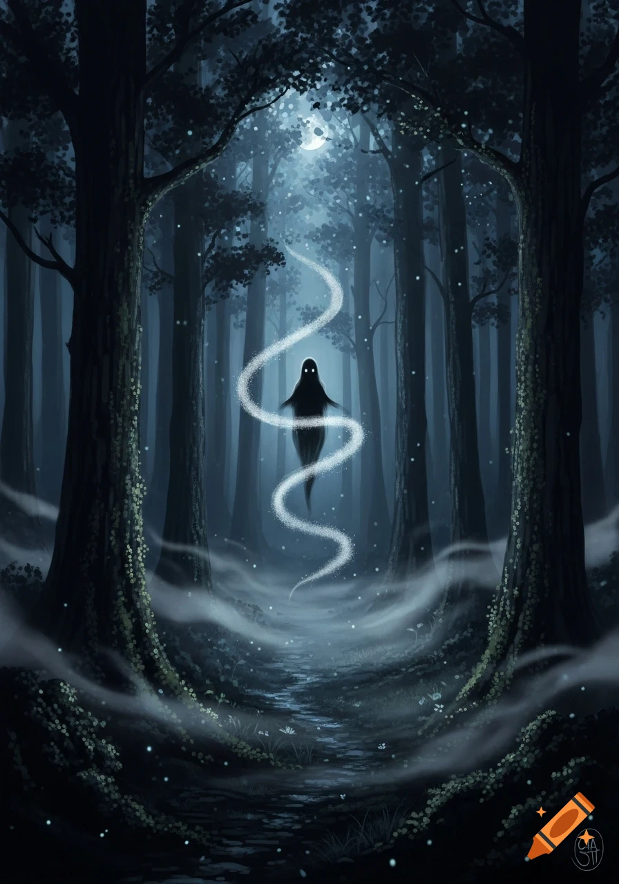 A ghostly black silhouette with glowing eyes floats in a dark, misty forest, leaving a sparkling white trail under a crescent moon.