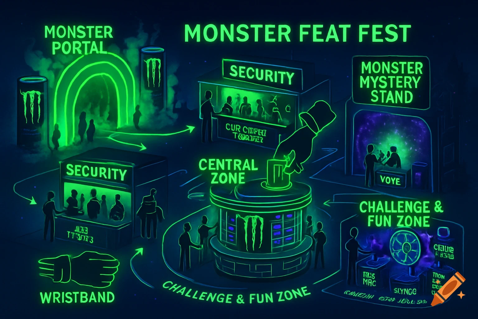 An illustrated neon green and dark blue map of the 'Monster Feat Fest' showing various zones like 'Monster Portal', 'Security', 'Central Zone', 'Monster Mystery Stand', and 'Challenge & Fun Zone', connected by glowing arrows.
