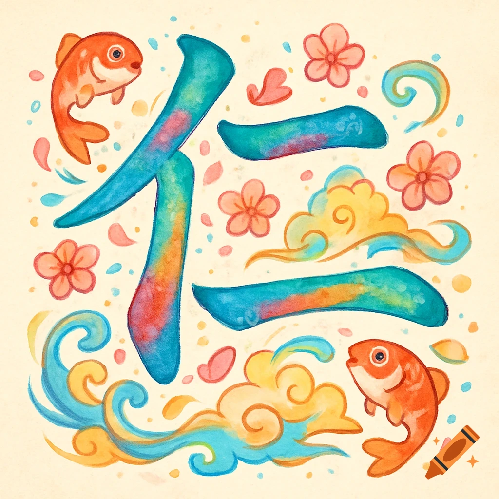 A colorful watercolor illustration of the Japanese character '仁' (jin) surrounded by orange goldfish, pink cherry blossoms, and blue and yellow clouds and waves.