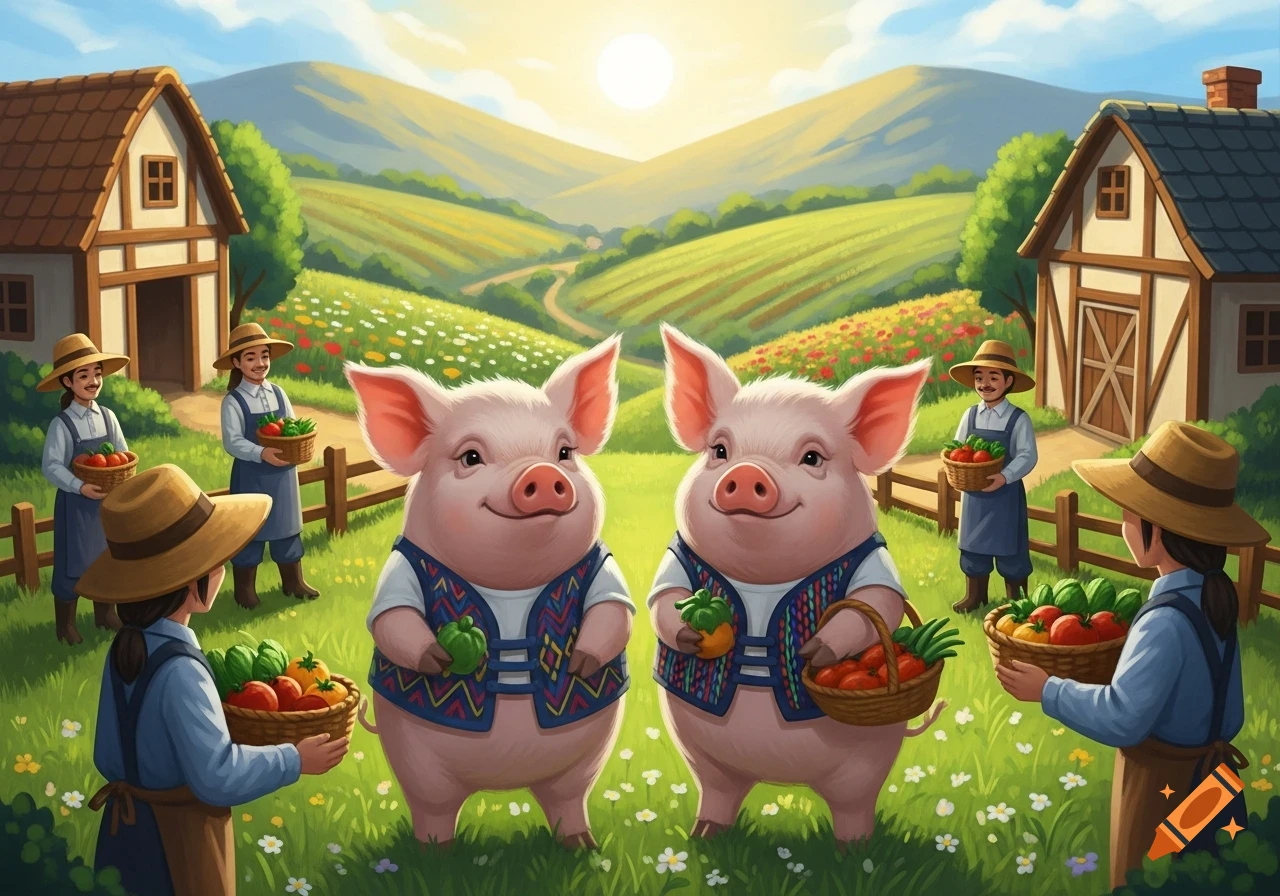 Two cartoon pigs in vests with vegetables, surrounded by human farmers with baskets in a sunny farm landscape with houses.