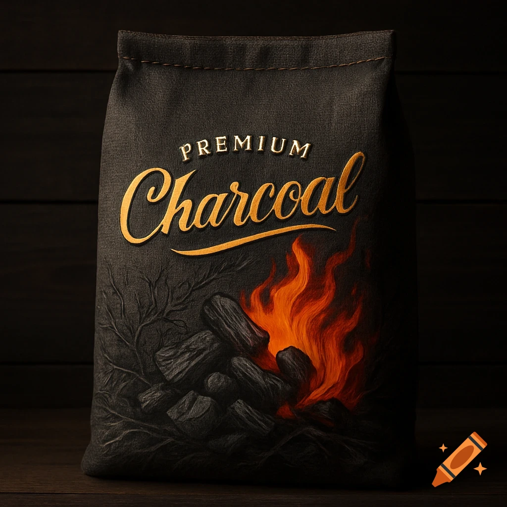 A dark grey bag of 'Premium Charcoal' with a vibrant orange flame design and charcoal pieces, set against a dark background.