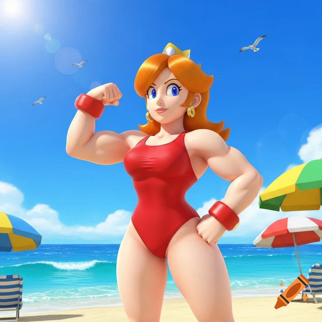 A muscular Princess Daisy in a red swimsuit flexes her biceps on a sunny beach with ocean and umbrellas in a stylized 3D render.