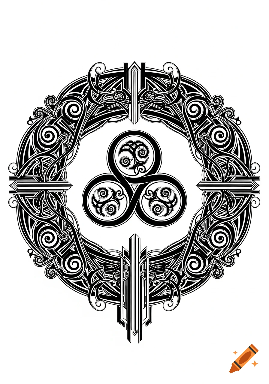 Intricate black and white circular Celtic knotwork design with Art Deco elements, resembling a wreath.